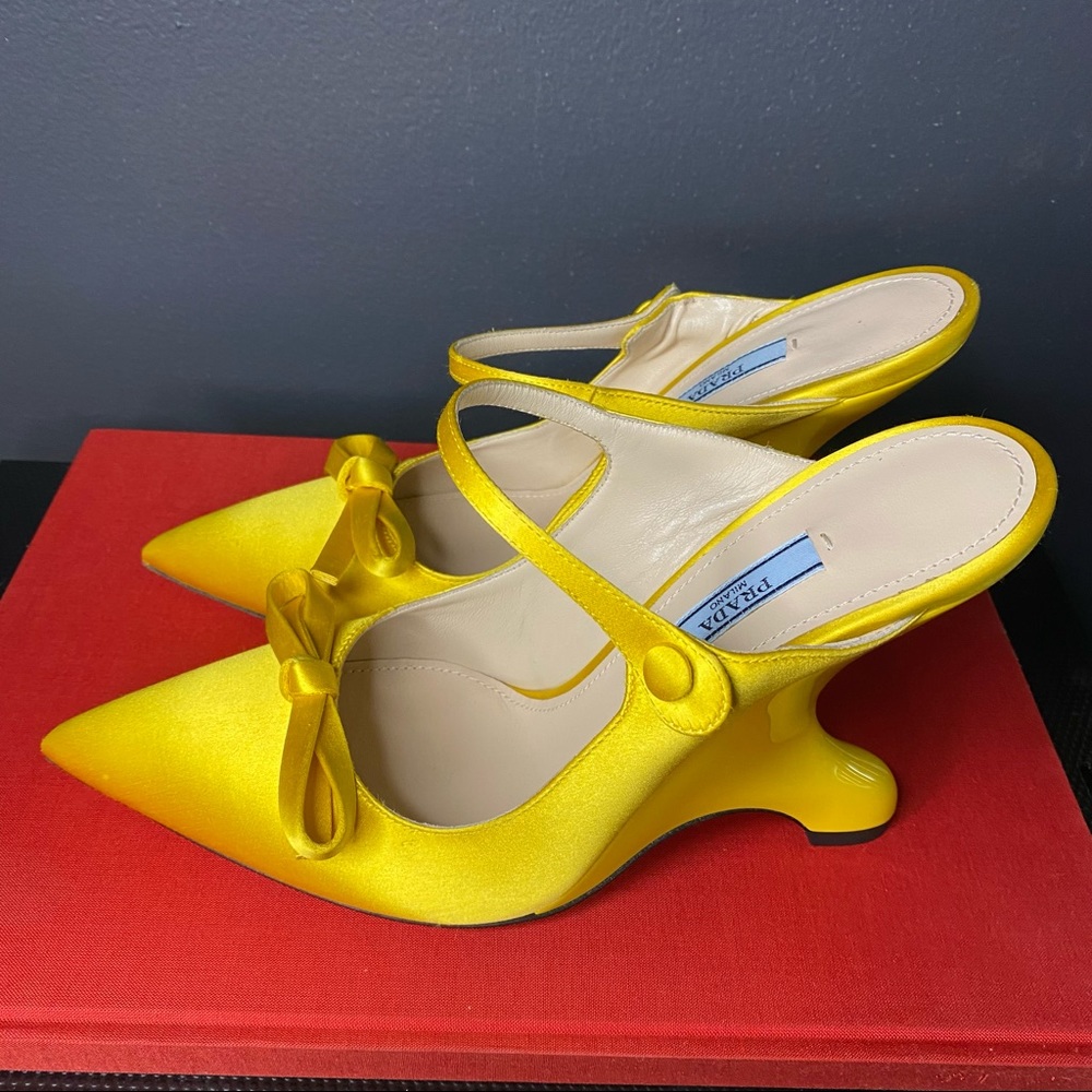 Prada Bow Trim Mules Structural Pointed Heels 7.5